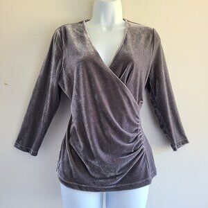 Soft Surroundings Velour Wrap Top S Shiny Gray Velvet Pullover Stretch Alyssa